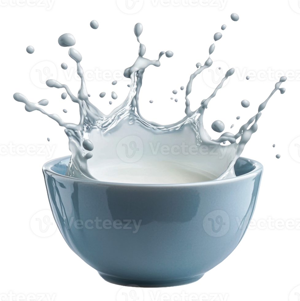 Milk splashes from a blue bowl in a bright kitchen, cut out - stock . png
