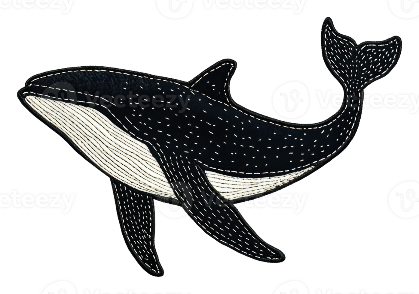 Embroidered black and white whale design, cut out - stock . png