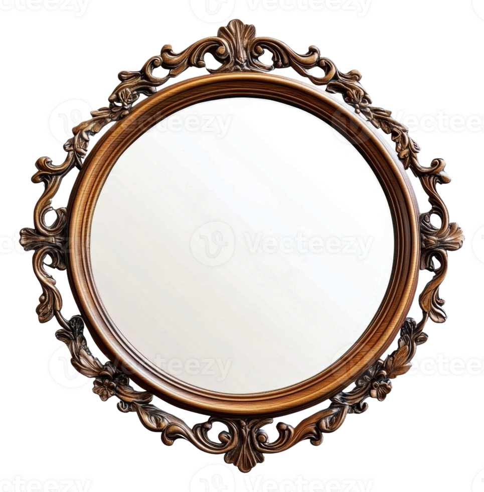 Vintage wooden framed round mirror, cut out - stock . png