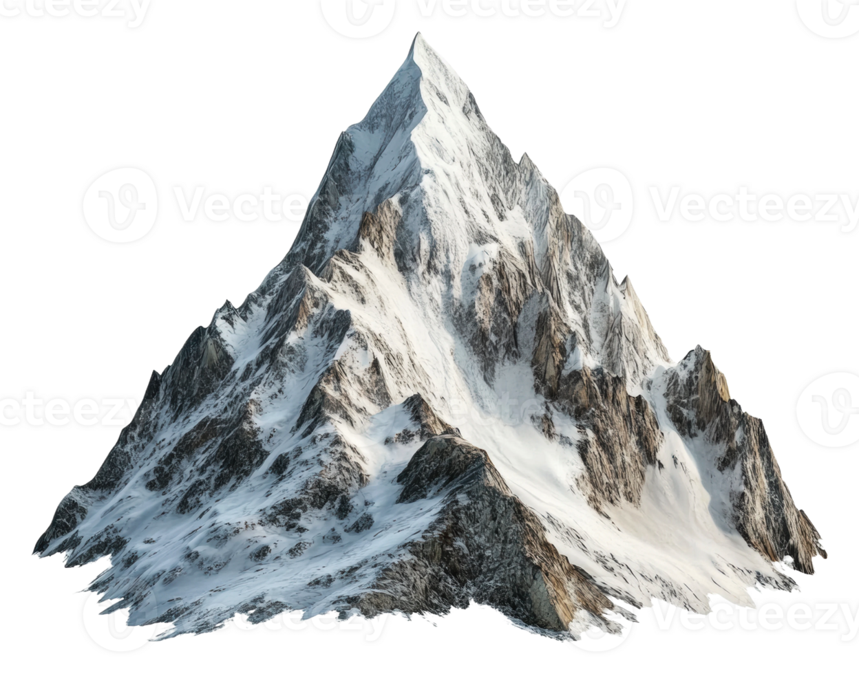 Snow-covered mountain peak rises against white sky, cut out - stock . png