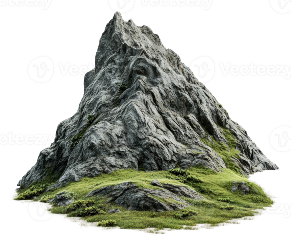 Rocky mountain peak with lush grass surrounding it, cut out - stock . png