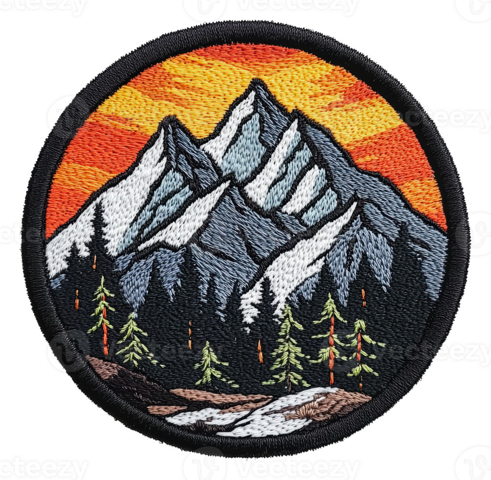 Colorful mountain patch with trees at sunset, cut out - stock . png