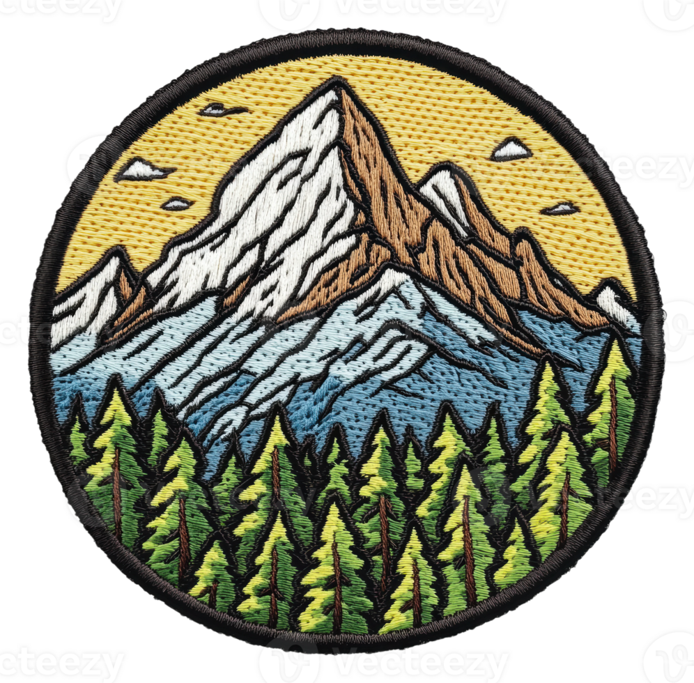 Vibrant embroidered mountain patch, cut out - stock . png