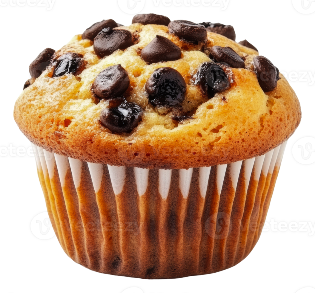 Freshly baked chocolate chip muffin on display, cut out - stock . png