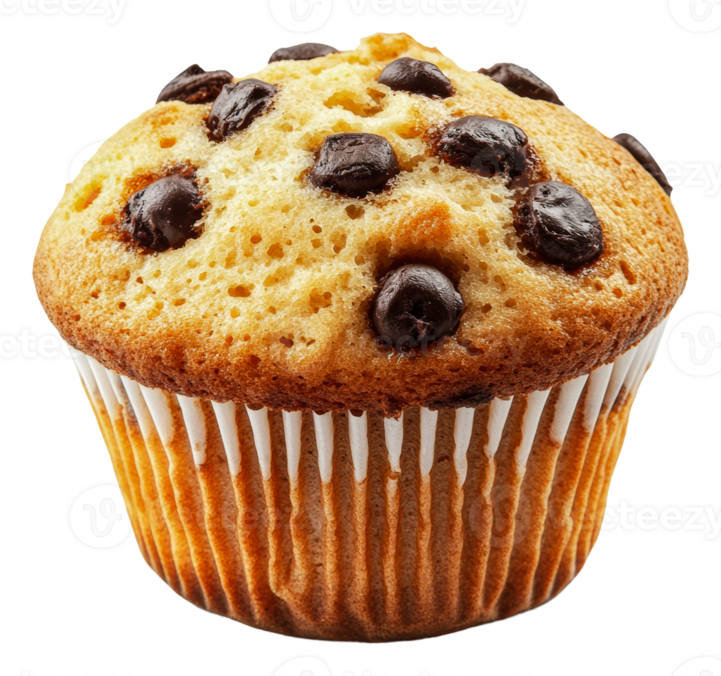 Delicious muffin with chocolate chips on display, cut out - stock . png