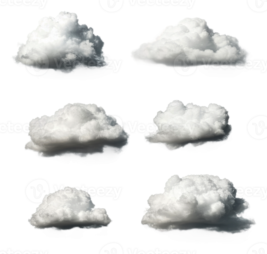 Fluffy clouds on a white backdrop, cut out - stock . png