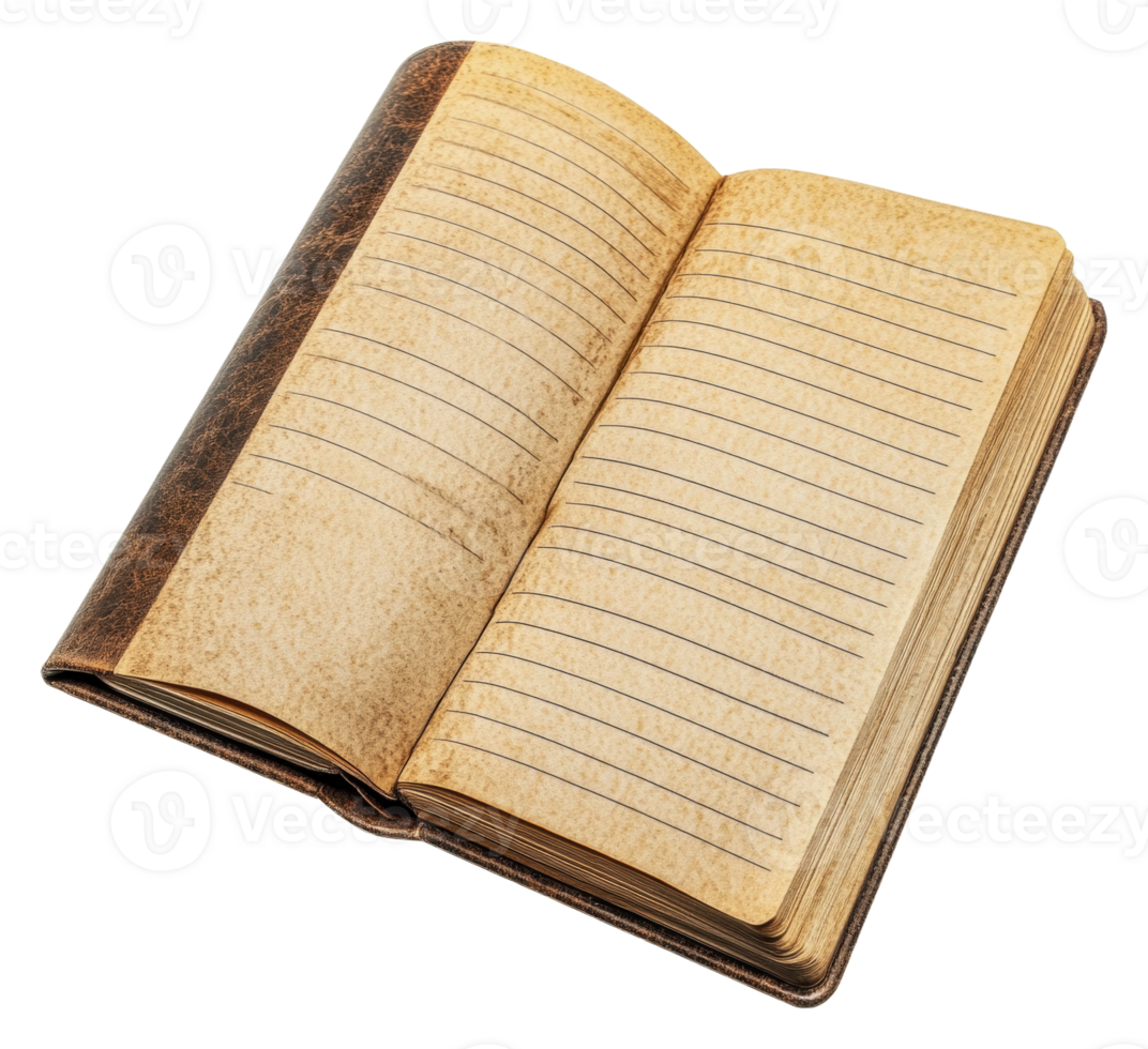 Open leather-bound notebook on a white background, cut out - stock . png