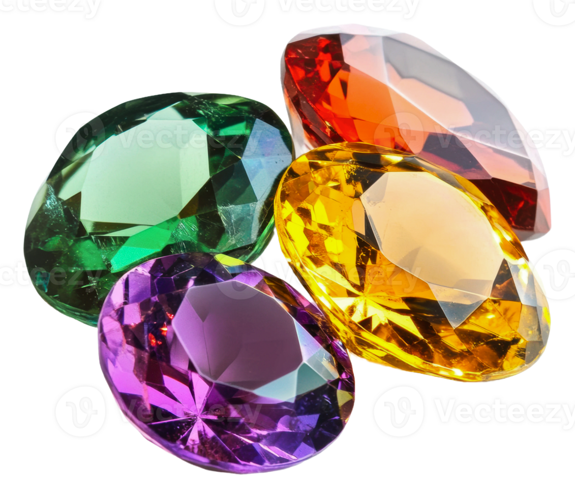 Assorted gemstones shining in bright light, cut out - stock . png