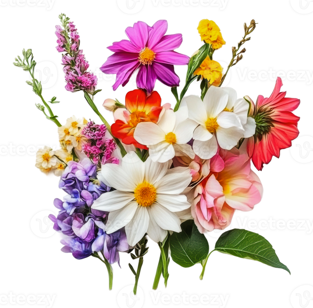Colorful bouquet of fresh spring flowers in bloom, cut out - stock . png