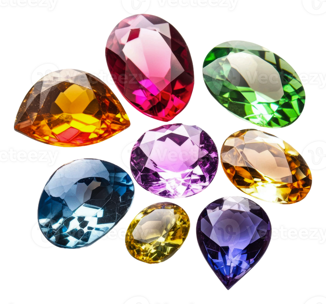Colorful gemstones arranged in an artistic display, cut out - stock . png