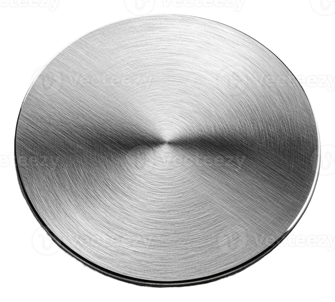 Shiny metal circular plate resting on a surface, cut out - stock . png