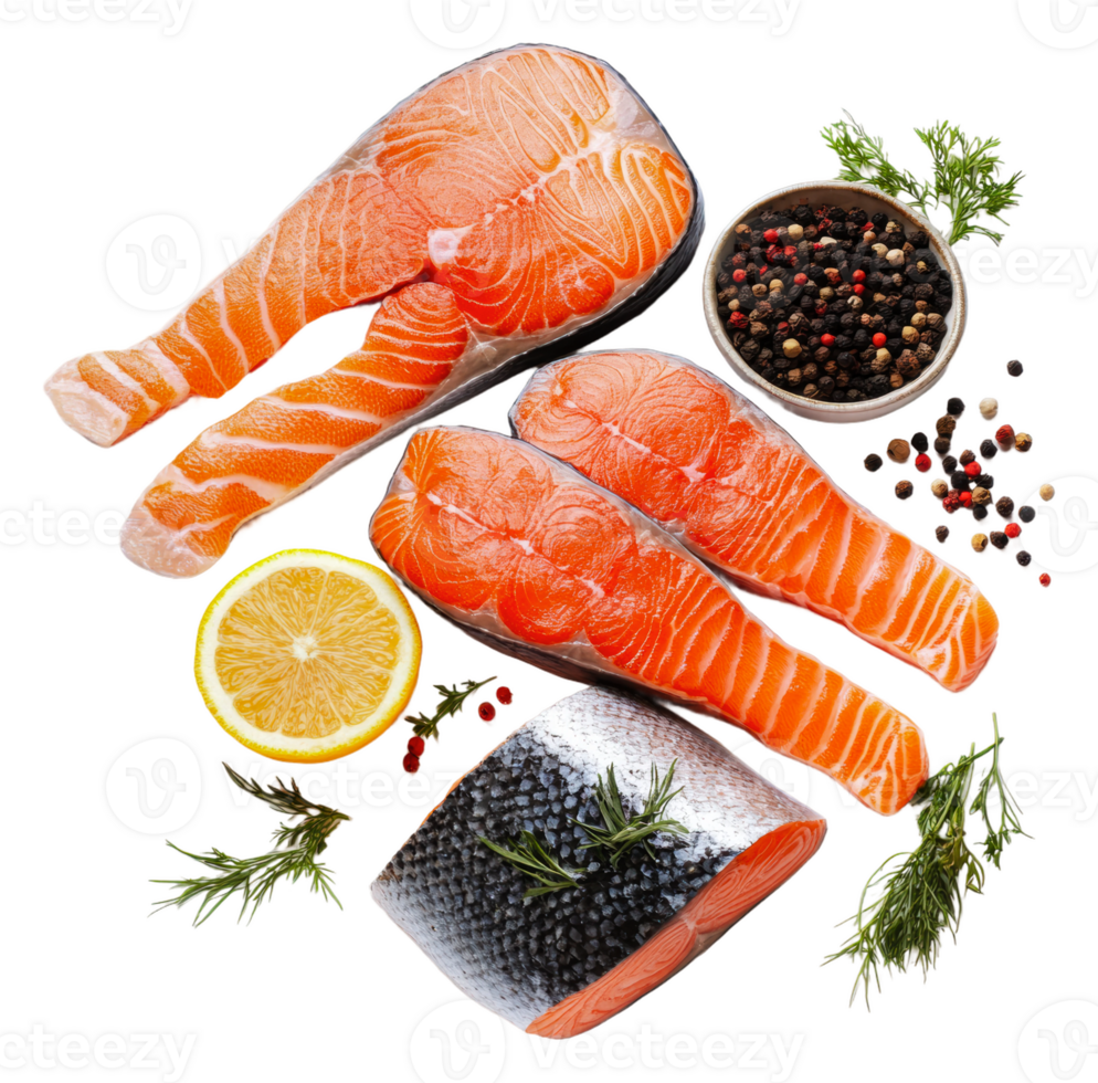 Herb-spiced fresh salmon fillets displayed, cut out - stock . png