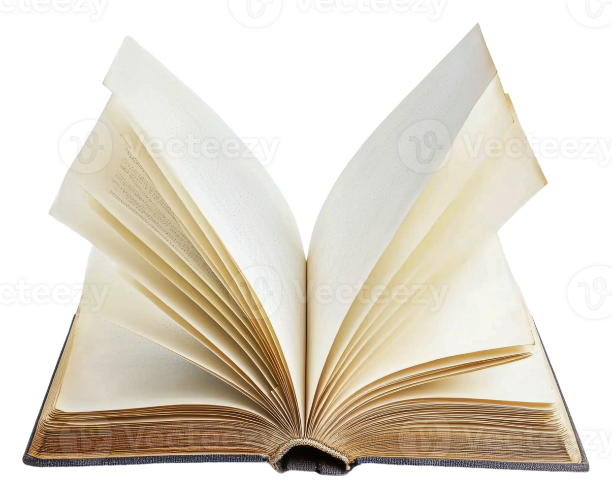 Open book with blank pages lying flat on a surface, cut out - stock . png