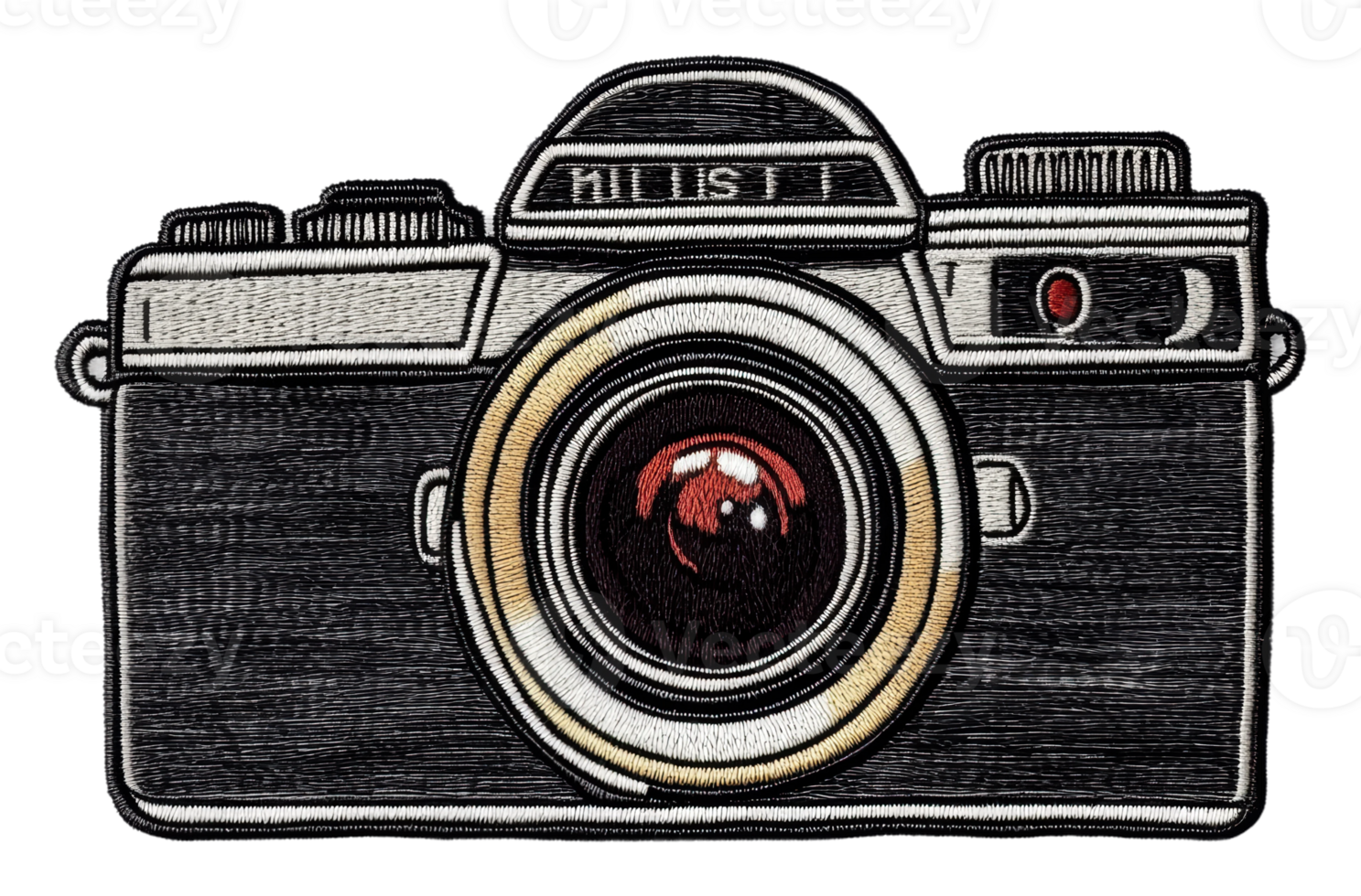 Vintage camera patch with intricate design details, cut out - stock . png