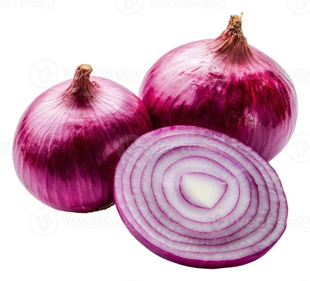 Fresh purple onions cut open on a white background, cut out - stock . png
