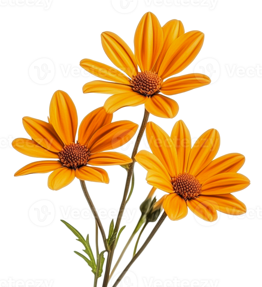 Bright orange flowers arranged with green leaves, cut out - stock . png