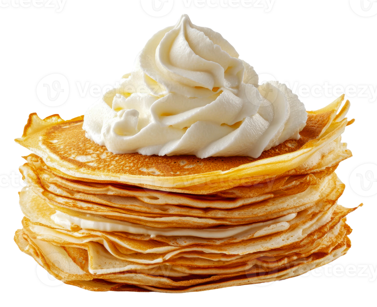 Fluffy pancakes crowned with cream, cut out - stock . png