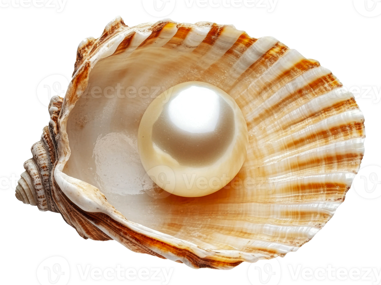 A beautiful pearl nestled in a seashell on display, cut out - stock . png