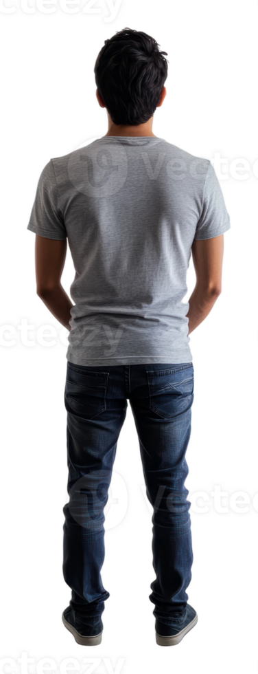 Man standing in grey t-shirt and jeans in studio, cut out - stock . png