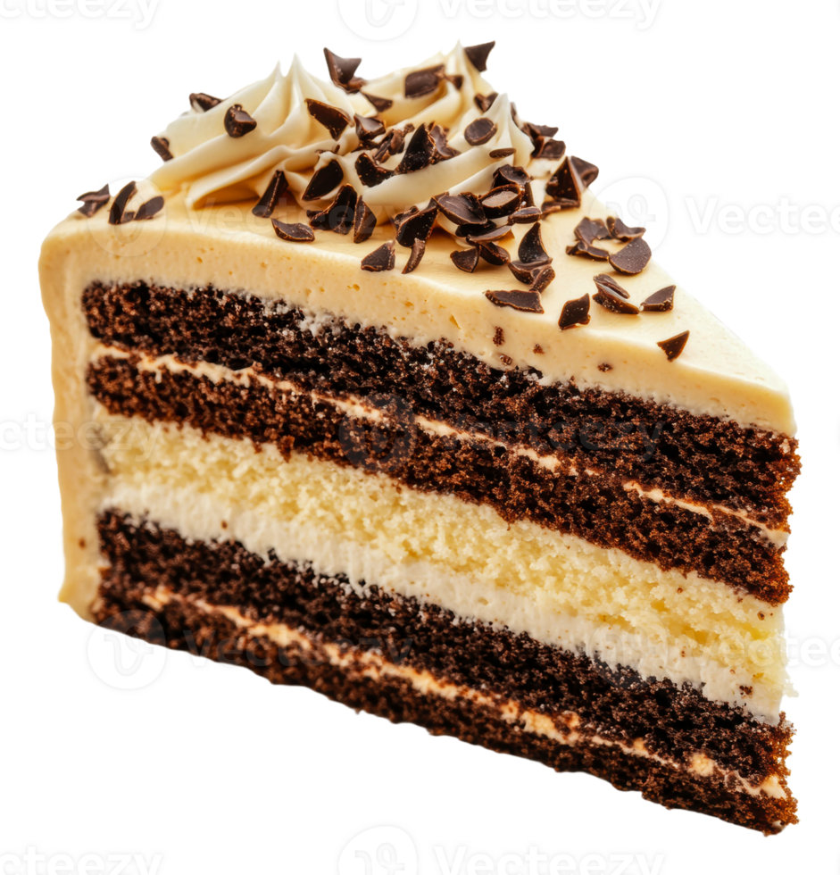 Moist chocolate cake slice with creamy frosting, cut out - stock . png
