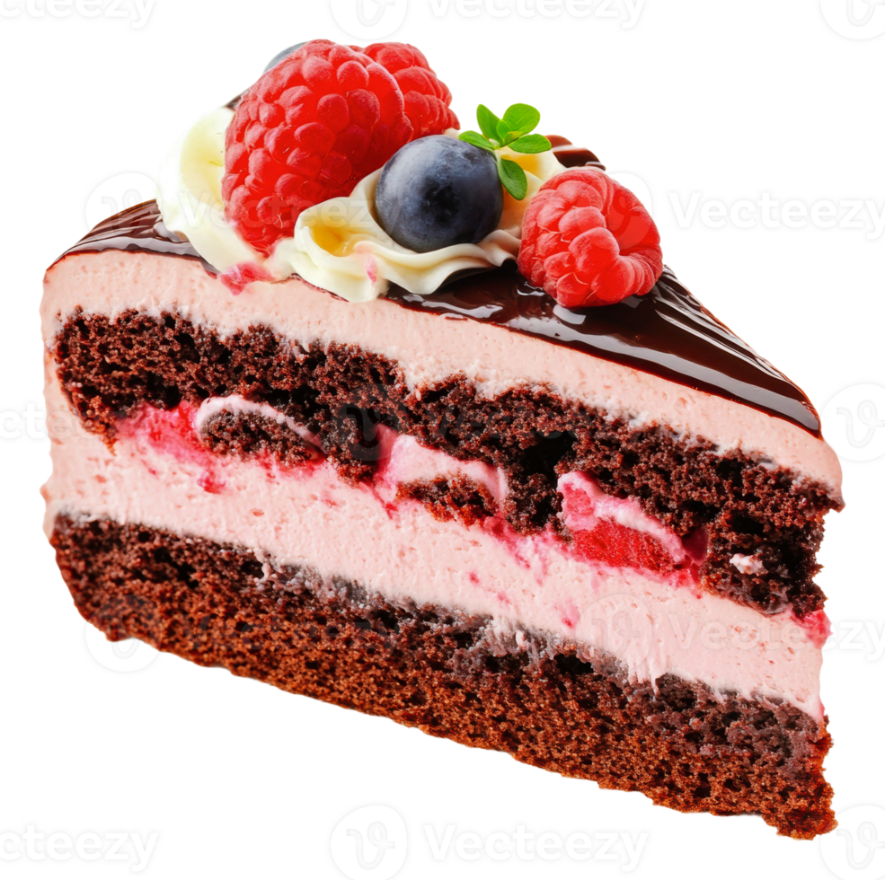 Chocolate raspberry cake slice with cream, cut out - stock . png