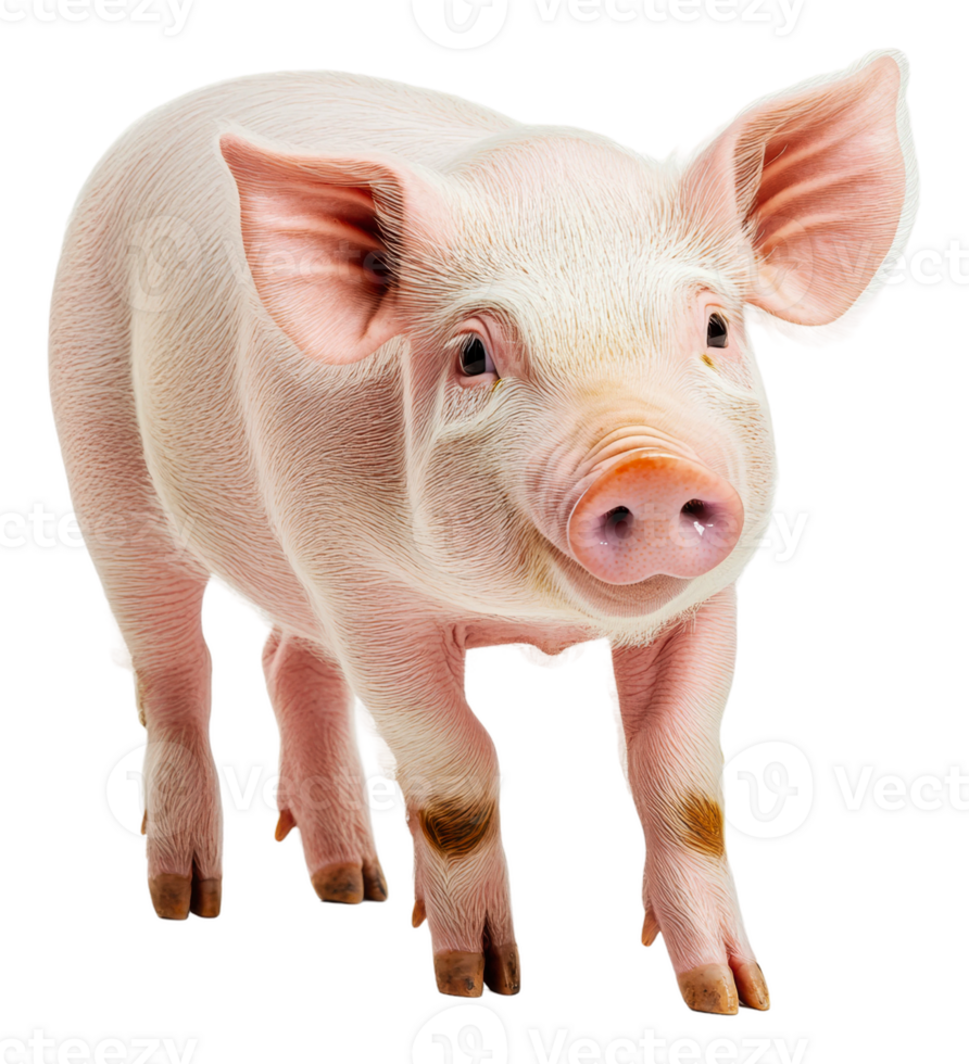 Cute piglet walking on a white background, cut out - stock . png
