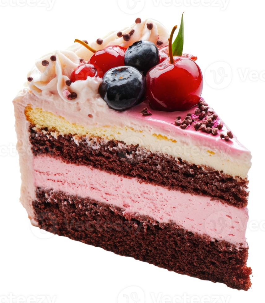 Chocolate cake slice with berries, cut out - stock . png