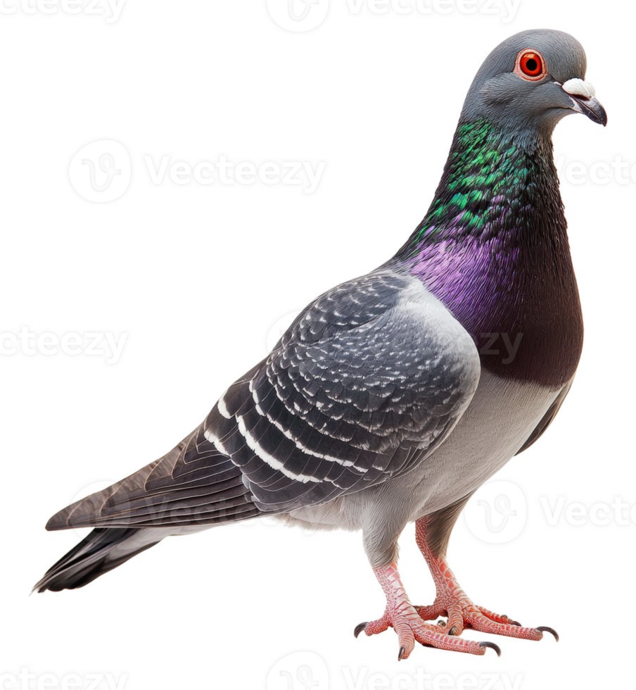 Colorful pigeon standing gracefully on display, cut out - stock . png