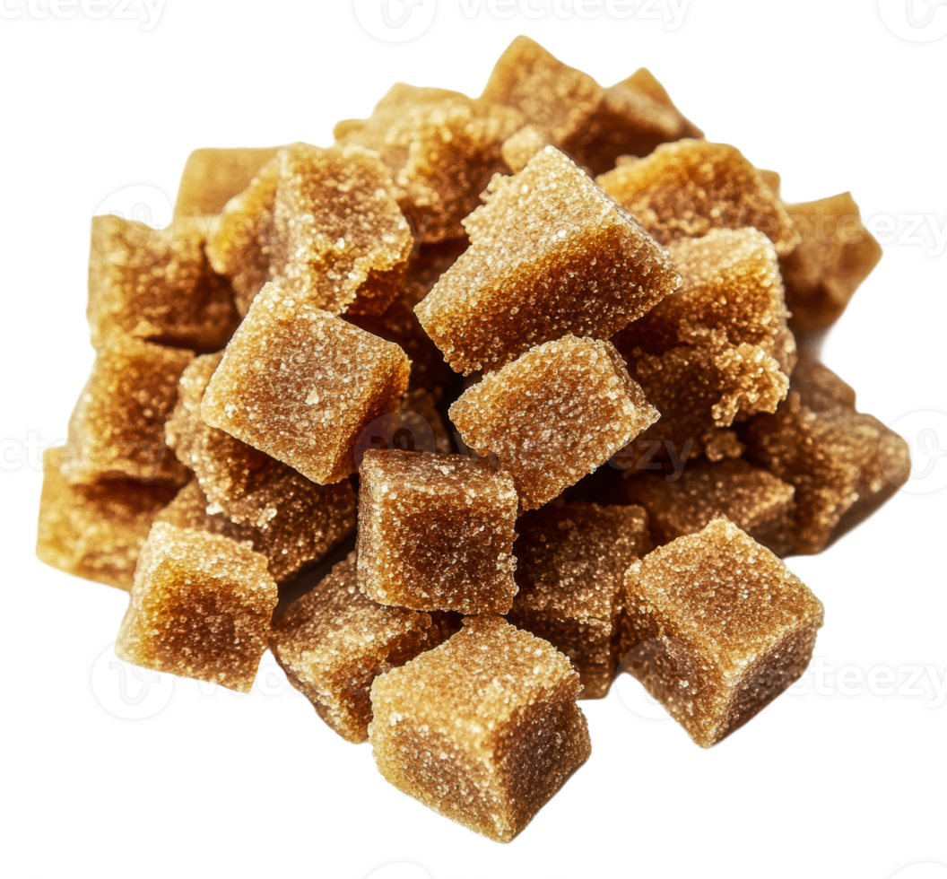 Brown sugar cubes stacked on a white background, cut out - stock . png