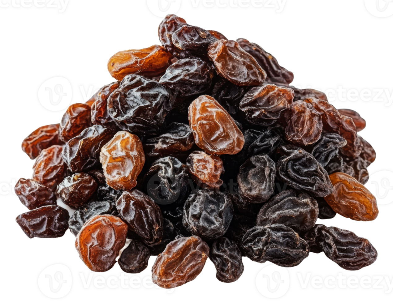A pile of assorted raisins on a white surface, cut out - stock . png