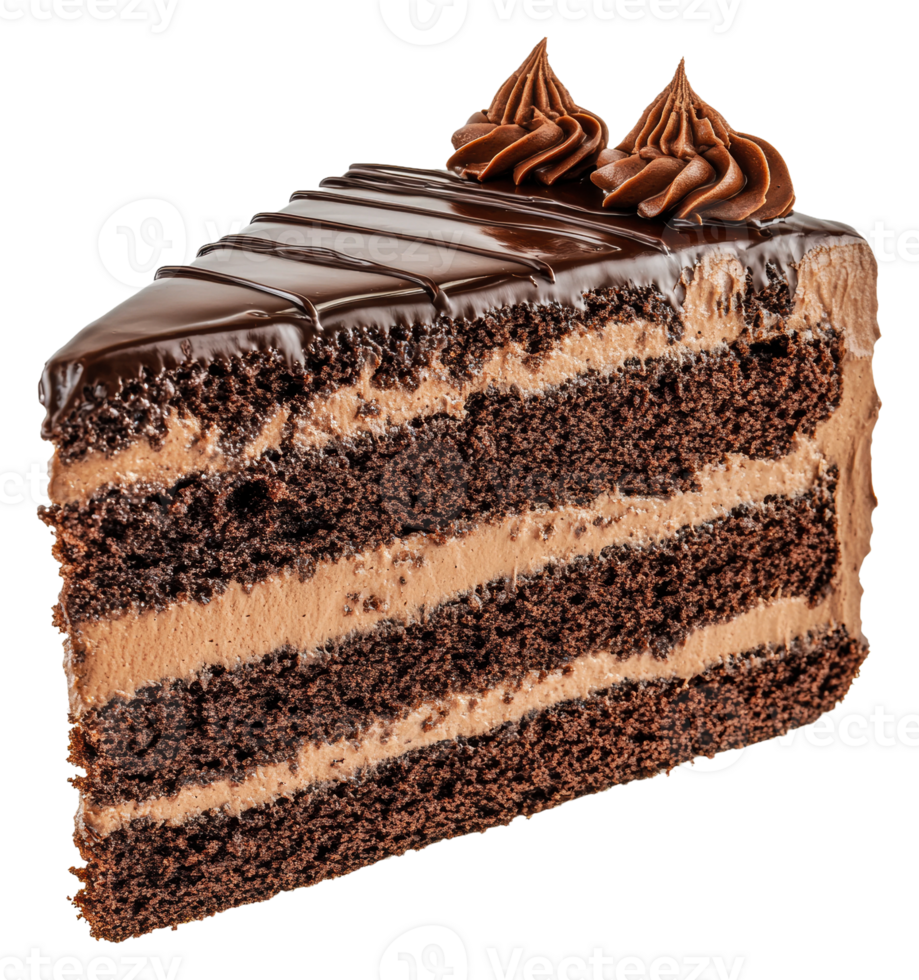 Decadent chocolate cake slice with rich frosting, cut out - stock . png