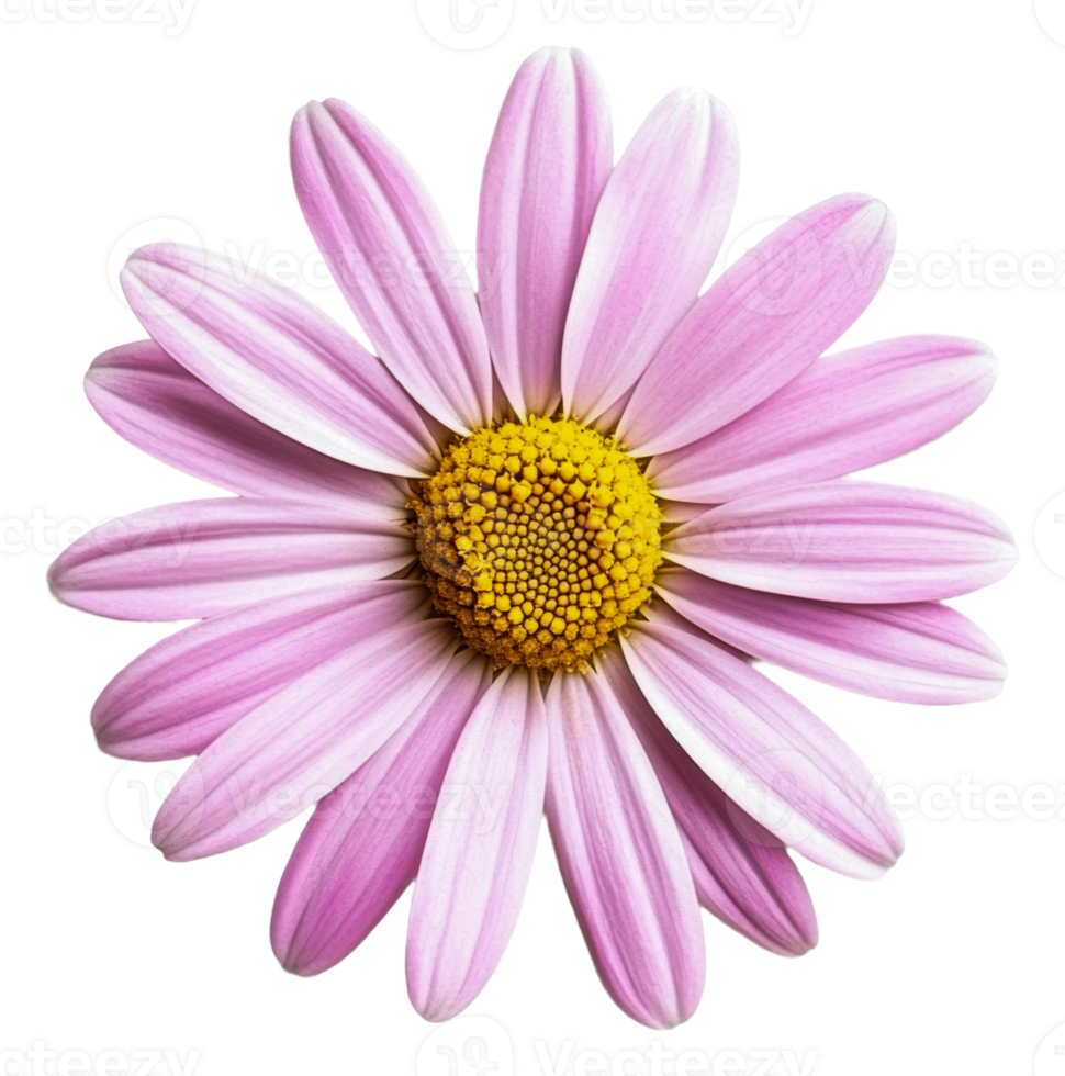 Pink daisy with yellow center on white, cut out - stock . png