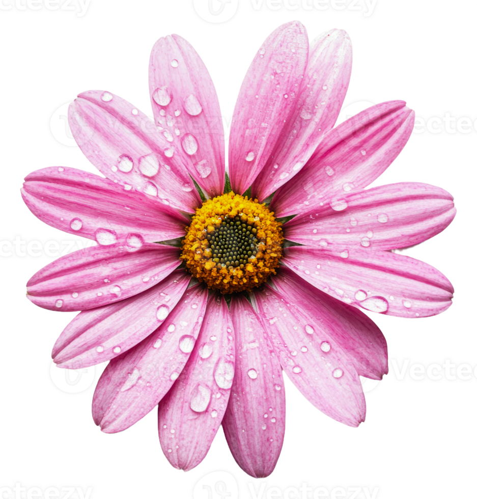 Beautiful pink daisy with droplets on petals, cut out - stock . png