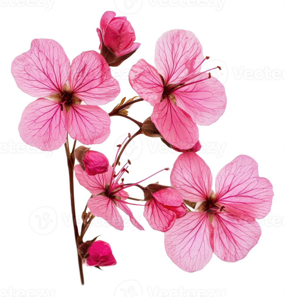 Delicate pink flowers with buds on a stem, cut out - stock . png