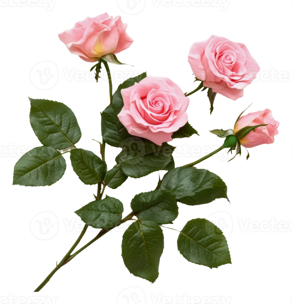 Spring pink roses with green leaves, cut out - stock . png