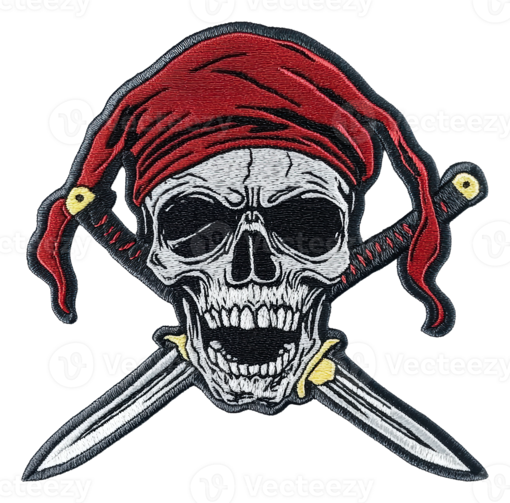 Skull with red bandana and crossed swords design, cut out - stock . png