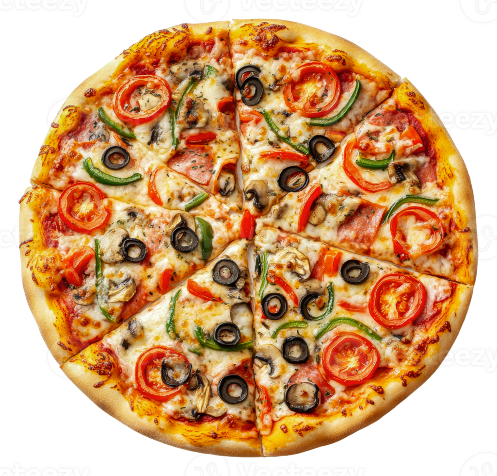 Delicious pizza topped with vegetables and meats, cut out - stock . png