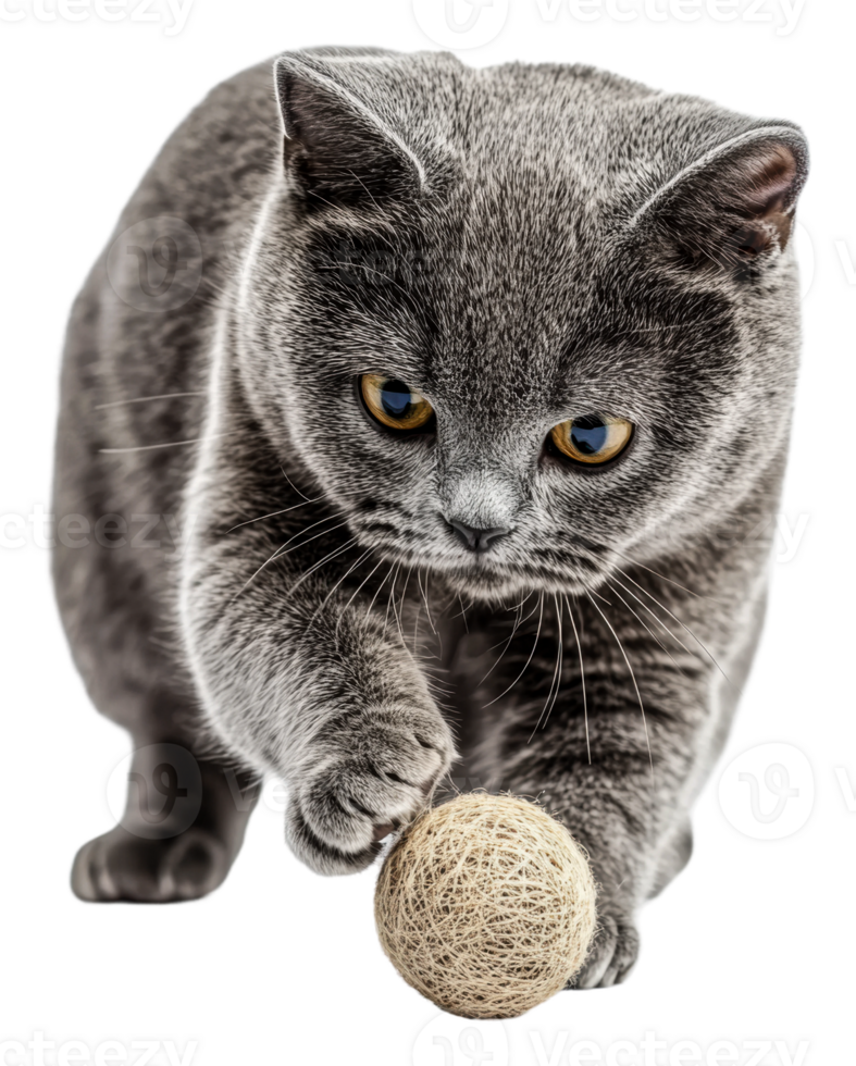 Grey cat playing with a ball of yarn indoors, cut out - stock . png