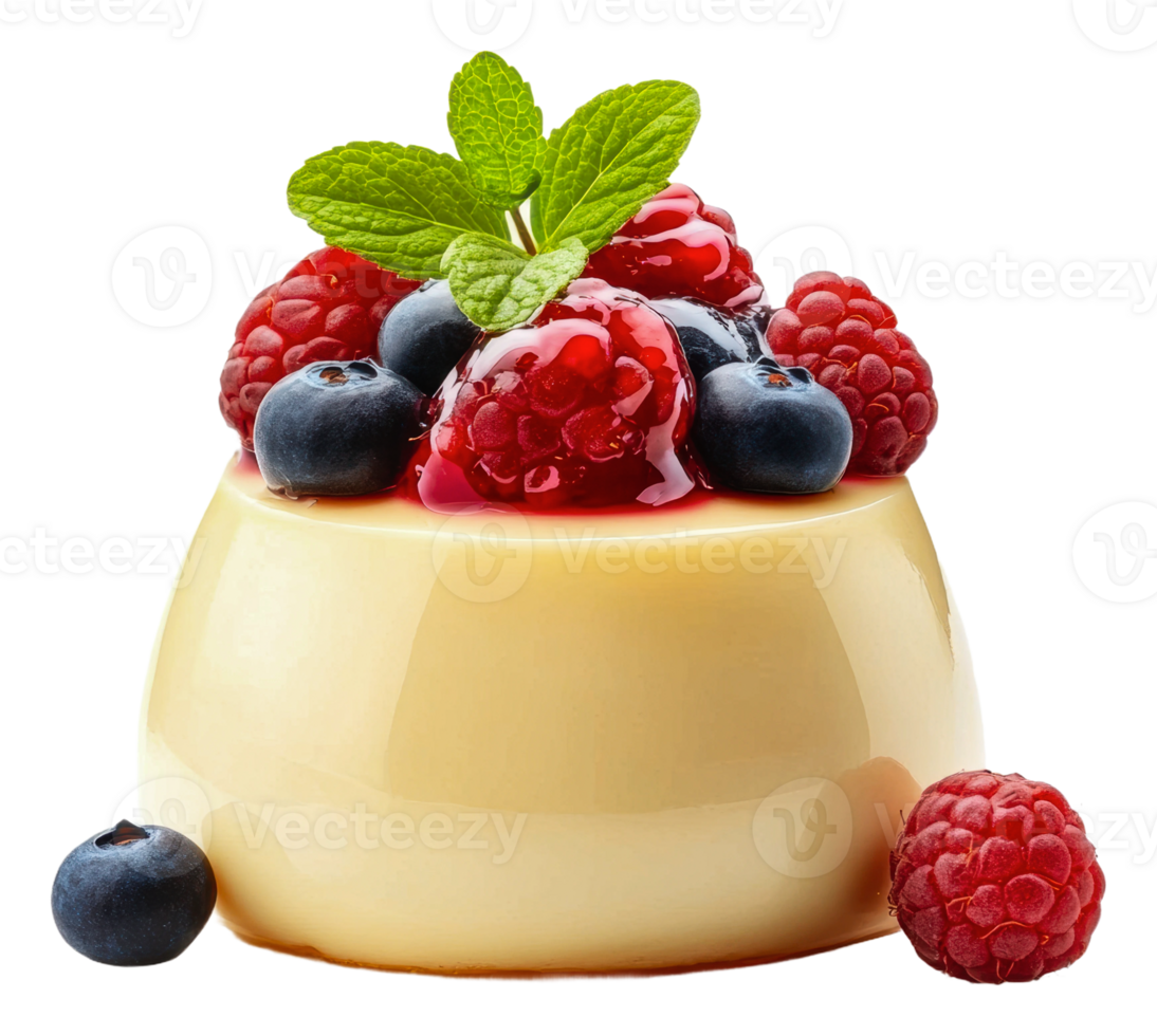 Creamy dessert topped with berries and mint leaves, cut out - stock . png