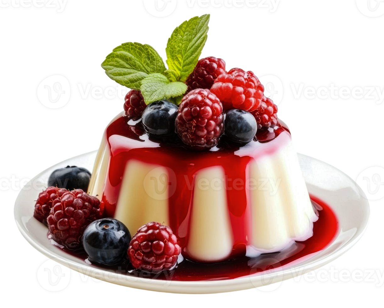 Panna cotta with berries and sauce, cut out - stock . png