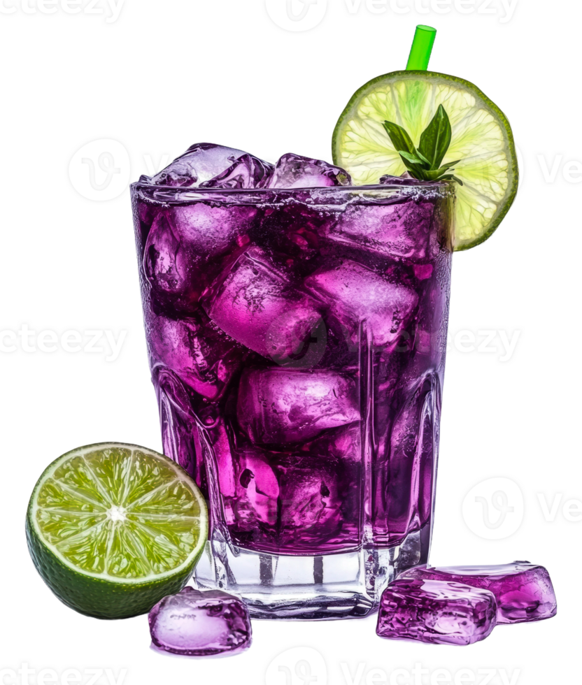 Colorful drink served in a glass with ice and lime, cut out - stock . png