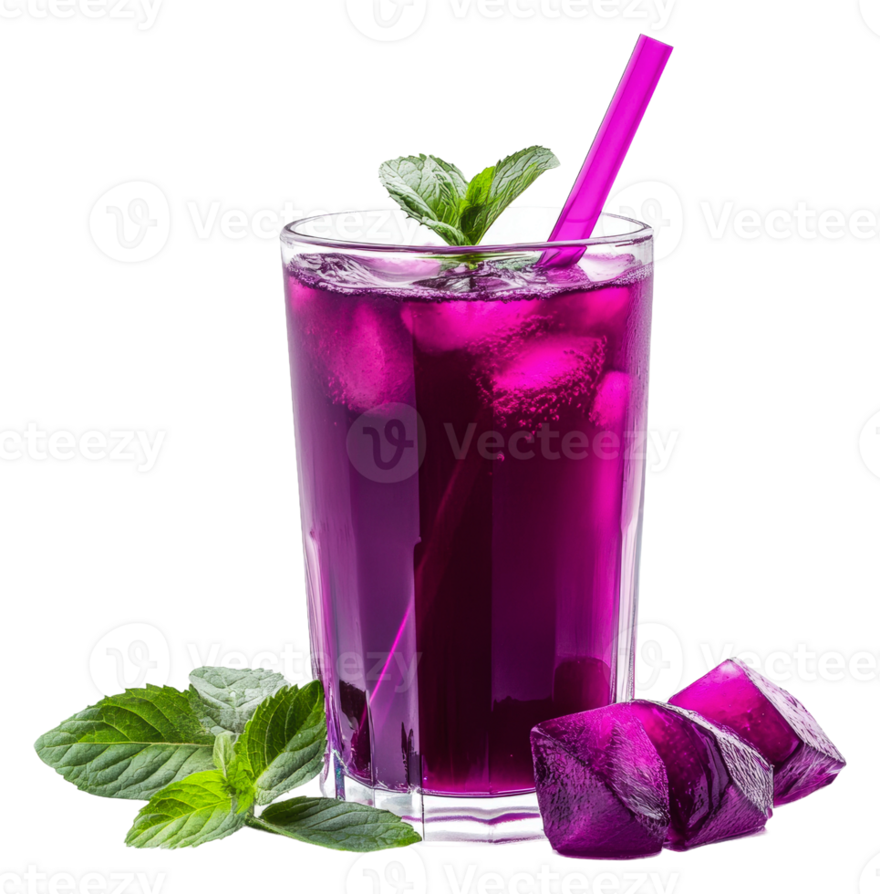 Refreshing purple drink with mint and ice cubes, cut out - stock . png