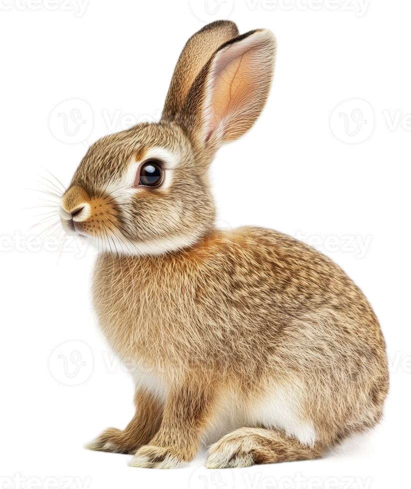 Cute brown rabbit sitting on a white background, cut out - stock . png