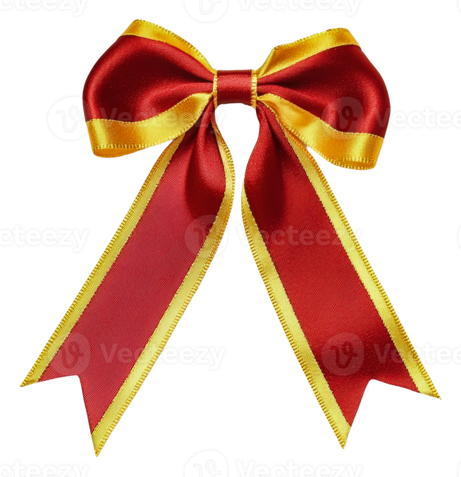Red and yellow decorative ribbon bow, cut out - stock . png