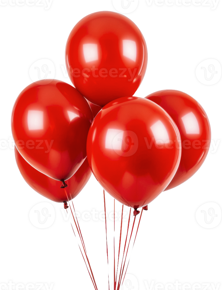 Red balloons with strings for a party, cut out - stock . png