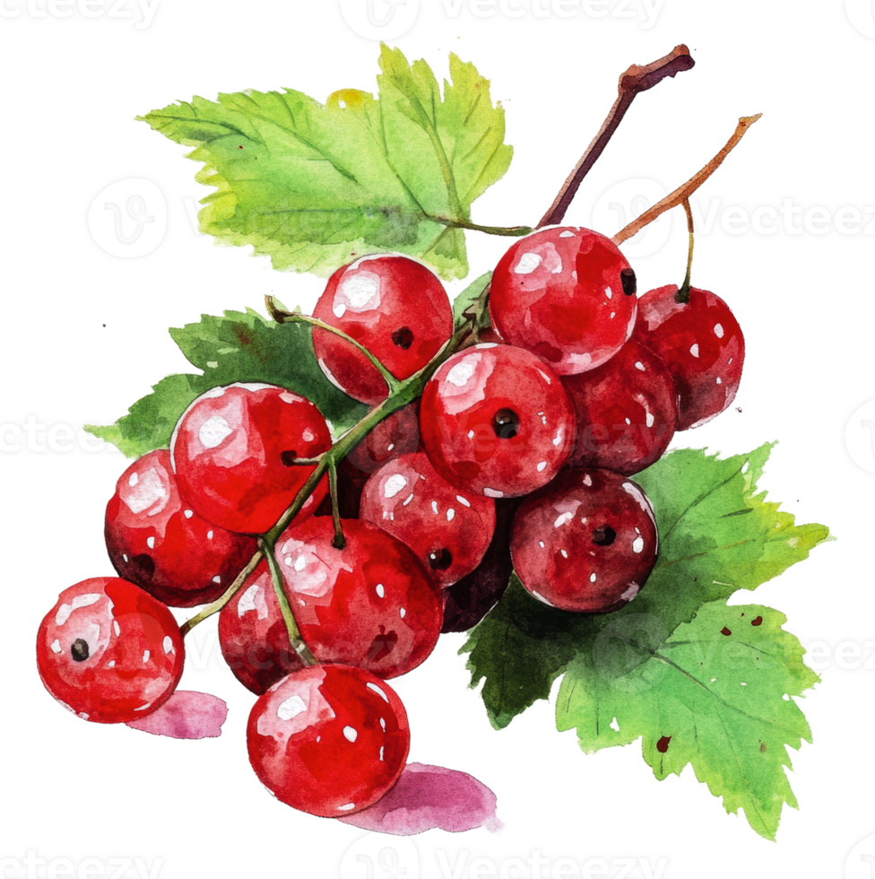 Fresh red currants with green leaves on display, cut out - stock . png
