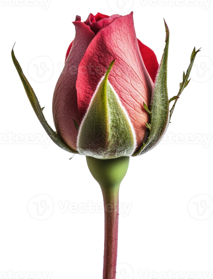 Red rose bloom on white background, cut out - stock . png