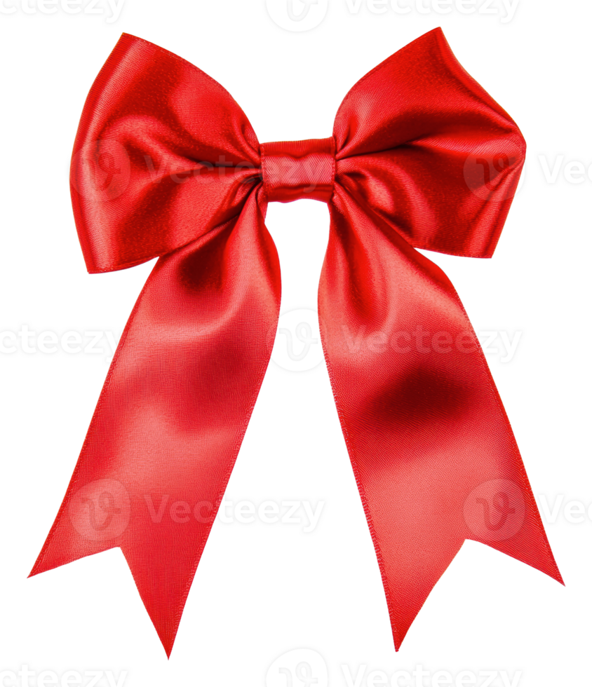 Bright red satin bow with long tails displayed, cut out - stock . png