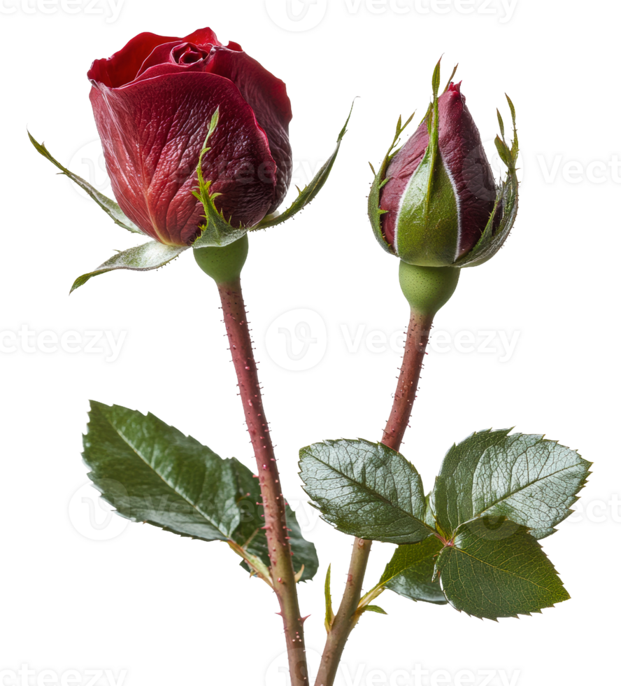 Beautiful red rose with budding flower and leaves, cut out - stock . png