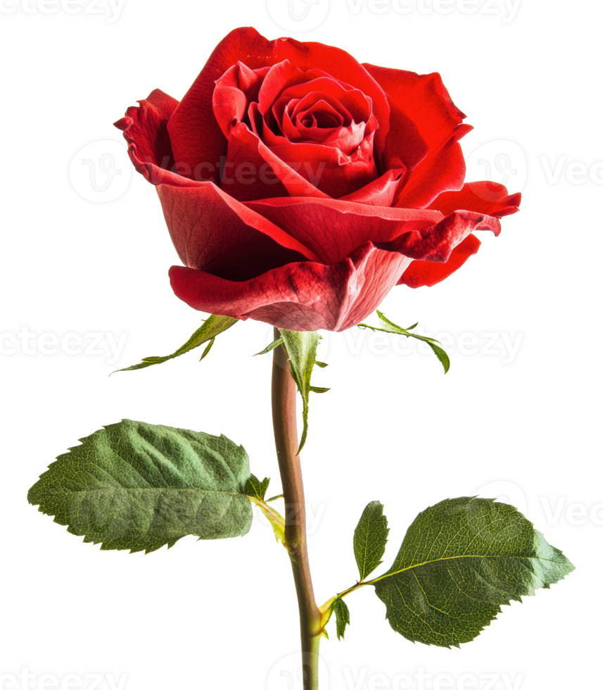 Single red rose with lush green leaves on display, cut out - stock . png